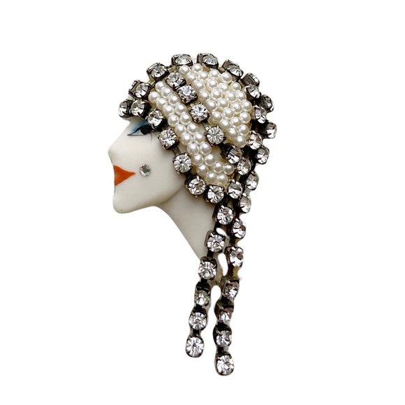 Vintage Porcelain Rhinestone Face Brooch - Picture 2 of 5